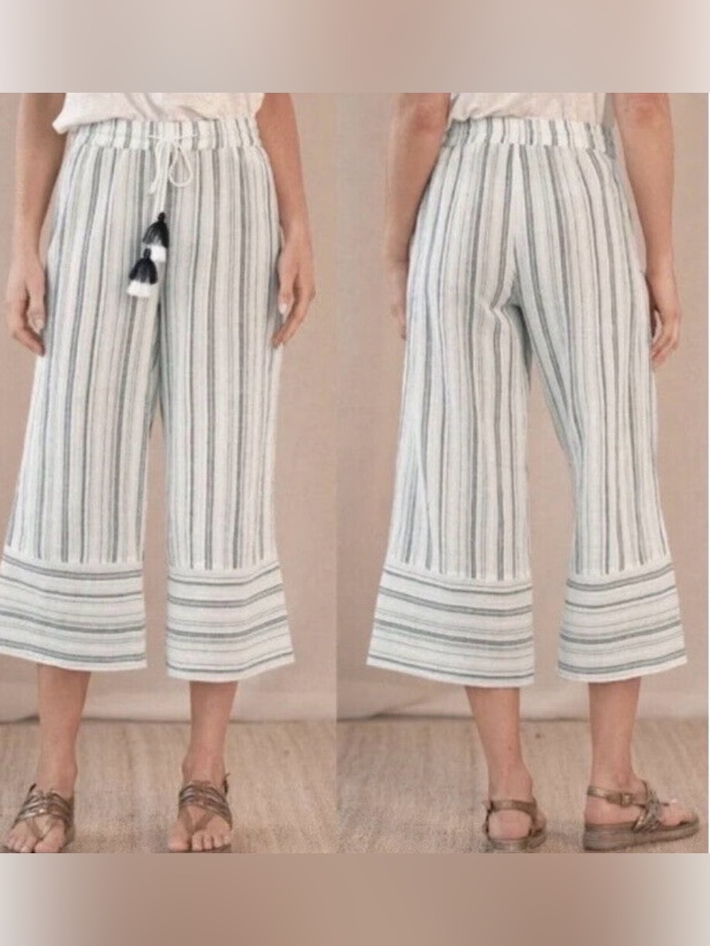 NWT Sundance Salty Breeze Cotton Striped Wide Leg Cropped Pants Sz S Blue White